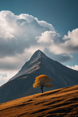 Lonely trees on the hills and white clouds in the distant mountainsの素材