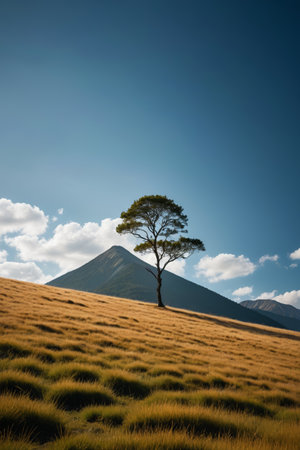 Lonely trees on the hillside and distant mountain sceneryの素材