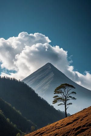 Natural scenery of isolated trees in distant mountainsの素材