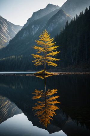 Lone trees by the lake and landscape reflectionsの素材