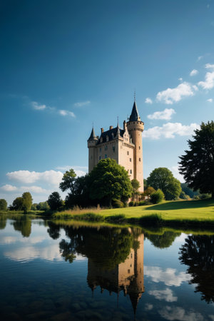 Landscape of a European-style castle by the lakeの素材
