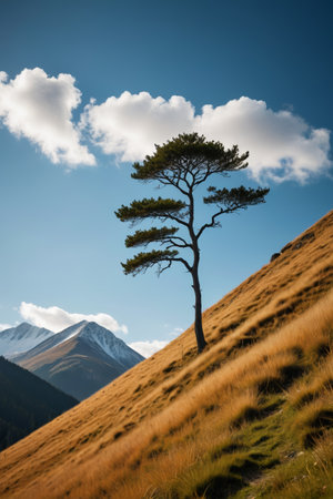 Lonely trees on the hillside and distant mountain sceneryの素材