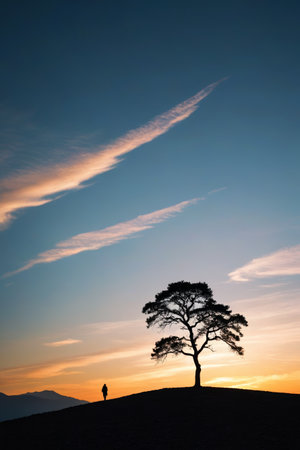 Silhouette of a figure beside a lonely tree at sunsetの素材