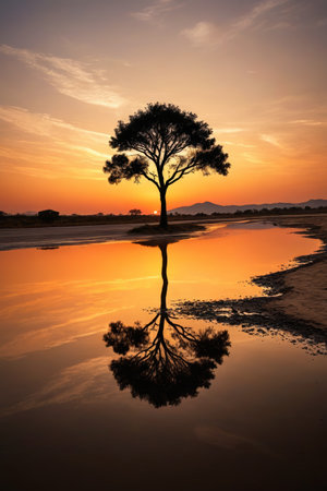 Lone trees reflecting the natural scenery at sunsetの素材