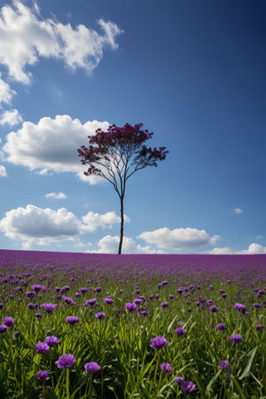 Independent tree landscape in a sea of purple flowersの素材