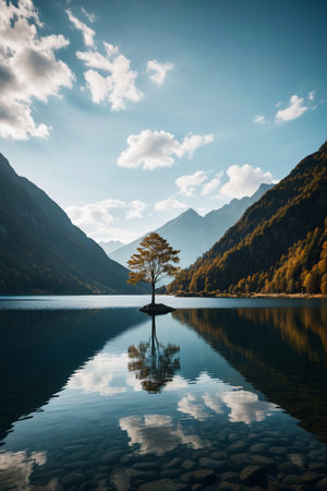 The natural landscape of the lone tree in the middle of the lakeの素材