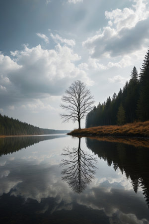 Lone trees by the lake and forest reflectionsの素材