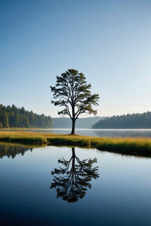 Lone trees and forest reflections by the lakeの素材