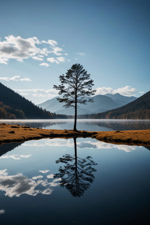 Lone trees by the lake and landscape reflectionsの素材