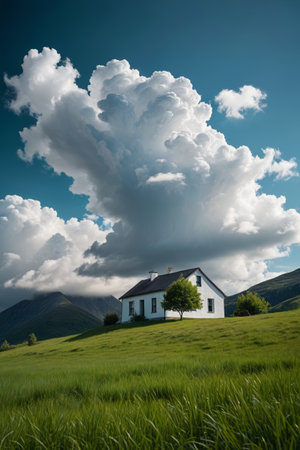White huts on the grassland with blue sky and white cloudsの素材