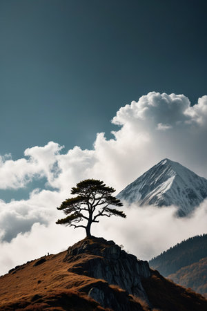 Lonely trees on the top of the mountain and snow-capped mountains and sea of cloudsの素材