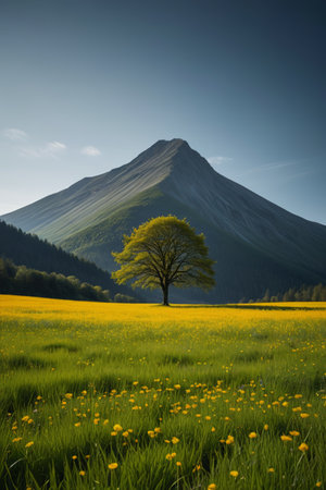 Landscape of individual trees in a field of flowers in the mountainsの素材