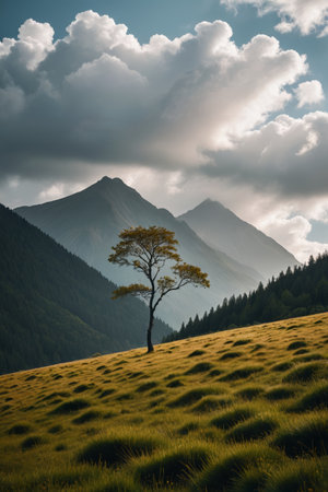 Mountain meadow single tree and sea of clouds landscapeの素材