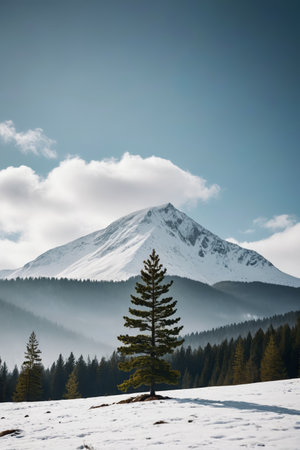 Pine landscape in the snow below the snow mountainの素材