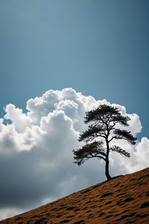 Lonely trees on the hillside and blue sky and white clouds landscapeの素材