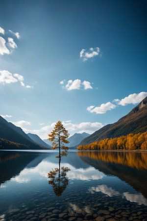 Lake mountain scenery and single tree reflection sceneryの素材