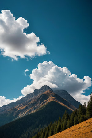 Alpine forest landscape under blue sky and white cloudsの素材