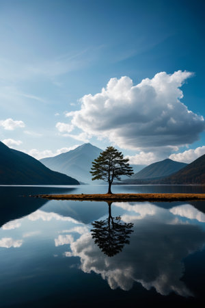 Lone trees and landscape reflections by the lakeの素材