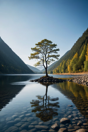 The natural scenery of the lonely trees in the middle of the lakeの素材