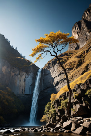 Golden tree landscape next to mountain waterfallの素材