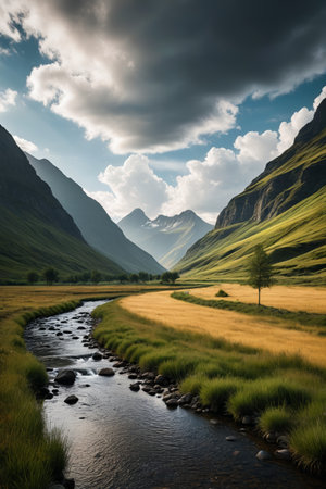 Stream and meadow scenery between valleysの素材