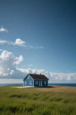 Blue hut on the grassland with sea viewの素材