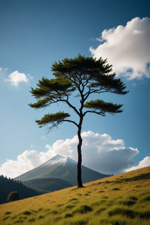Lonely trees on the hillside and distant mountain sceneryの素材