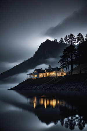 Single-family house with lights on in the mountains by the lakeの素材