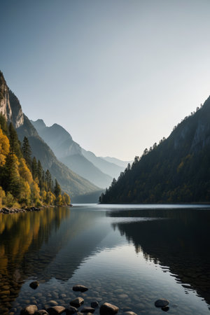 Tranquil lake view with mountains and riversの素材