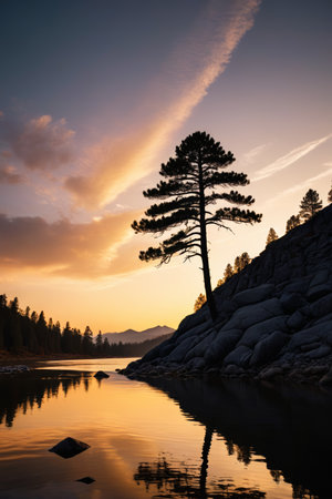 Lone pines by the lake and dusk reflection landscapeの素材