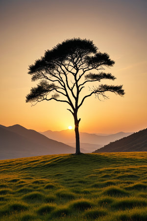 A single tree on the grassland at sunsetの素材