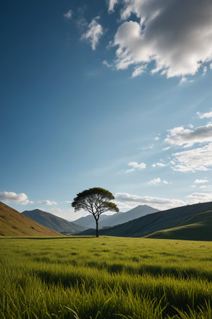Lonely trees on the grassland and distant mountain sceneryの素材