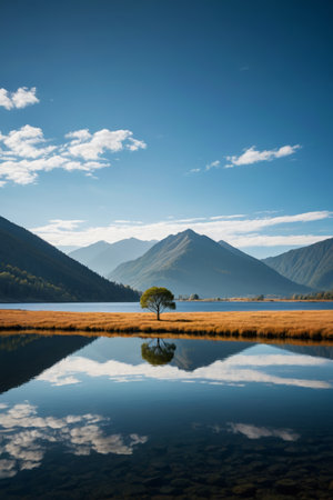 Lone trees by the lake and distant mountain natural sceneryの素材