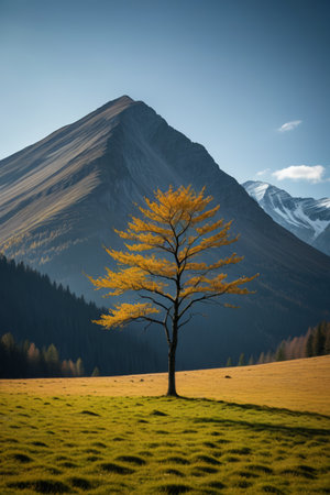 Separate golden trees in the foreground of the mountainの素材