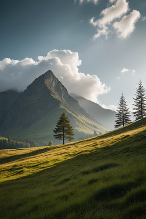 Mountain meadows and trees natural sceneryの素材