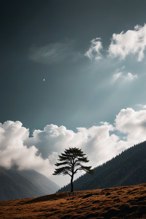 Lonely trees in the mountains and blue sky and white clouds landscapeの素材