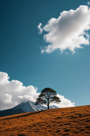 The lone tree on the grassland and the blue sky and white clouds in the distant mountainsの素材