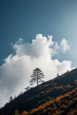 Lonely trees on the hillside and blue sky and white cloudsの素材