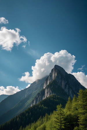 Peaks and forest landscapes under blue sky and white cloudsの素材