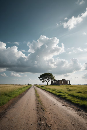 Historic sites and solitary tree landscapes along the prairie dirt roadの素材