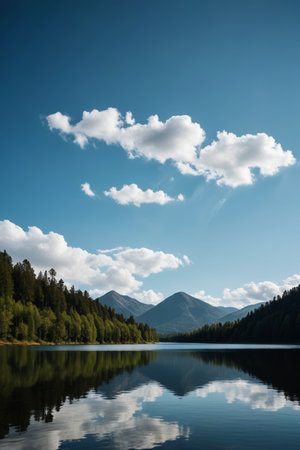 Calm lake in the mountains and forests, blue sky and white cloudsの素材