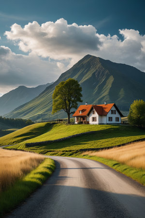 A rustic cabin on the mountain roadの素材