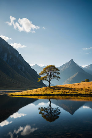 The reflection of a lone tree in the mountains and riversの素材