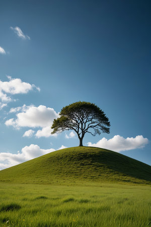 A single tree and blue sky above the green slopeの素材