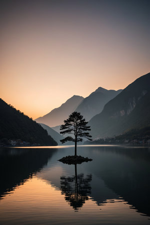 Sunset view of isolated trees by the lake and distant mountainsの素材