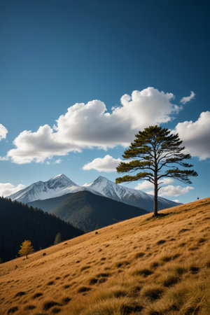 Lonely trees on the hillside and the snowy mountain scenery in the distanceの素材
