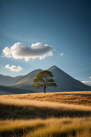 Lone trees on the grassland and distant mountain sceneryの素材