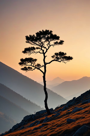 Lonely trees in the mountains and distant views at duskの素材