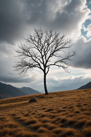 Lonely trees on the hills and the gloomy skyの素材