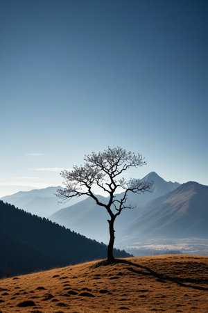 Lonely trees on the hills and distant mountain sceneryの素材